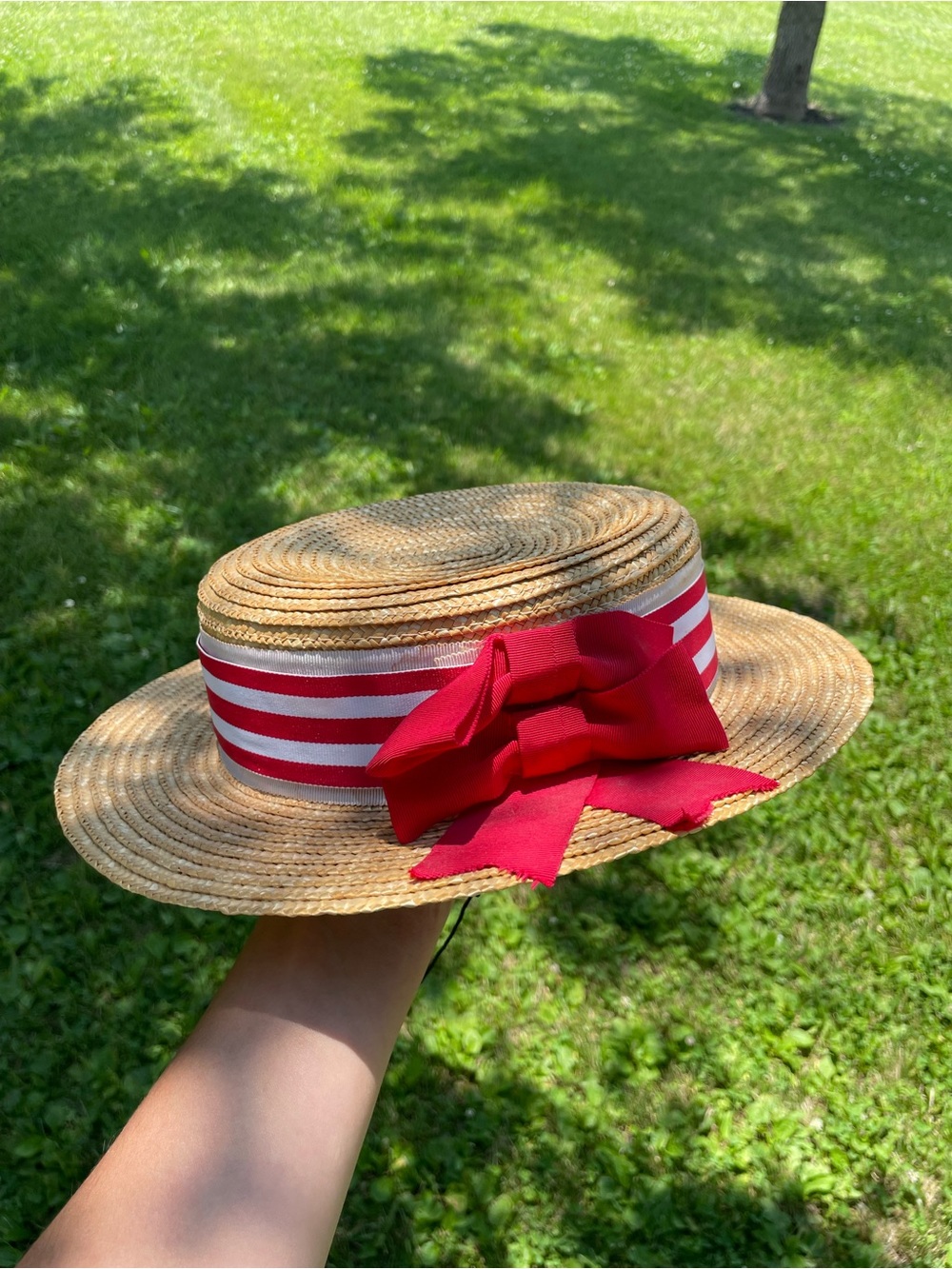 Straw Boater Hat with Red Ribbon Bow